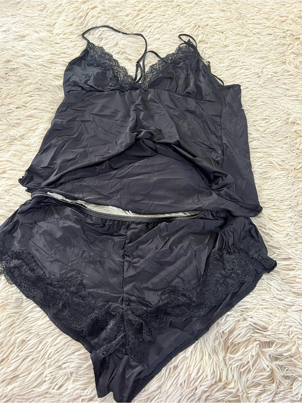 Yandy Black Satin Lace-Trim Cami & Shorts Sleep Set